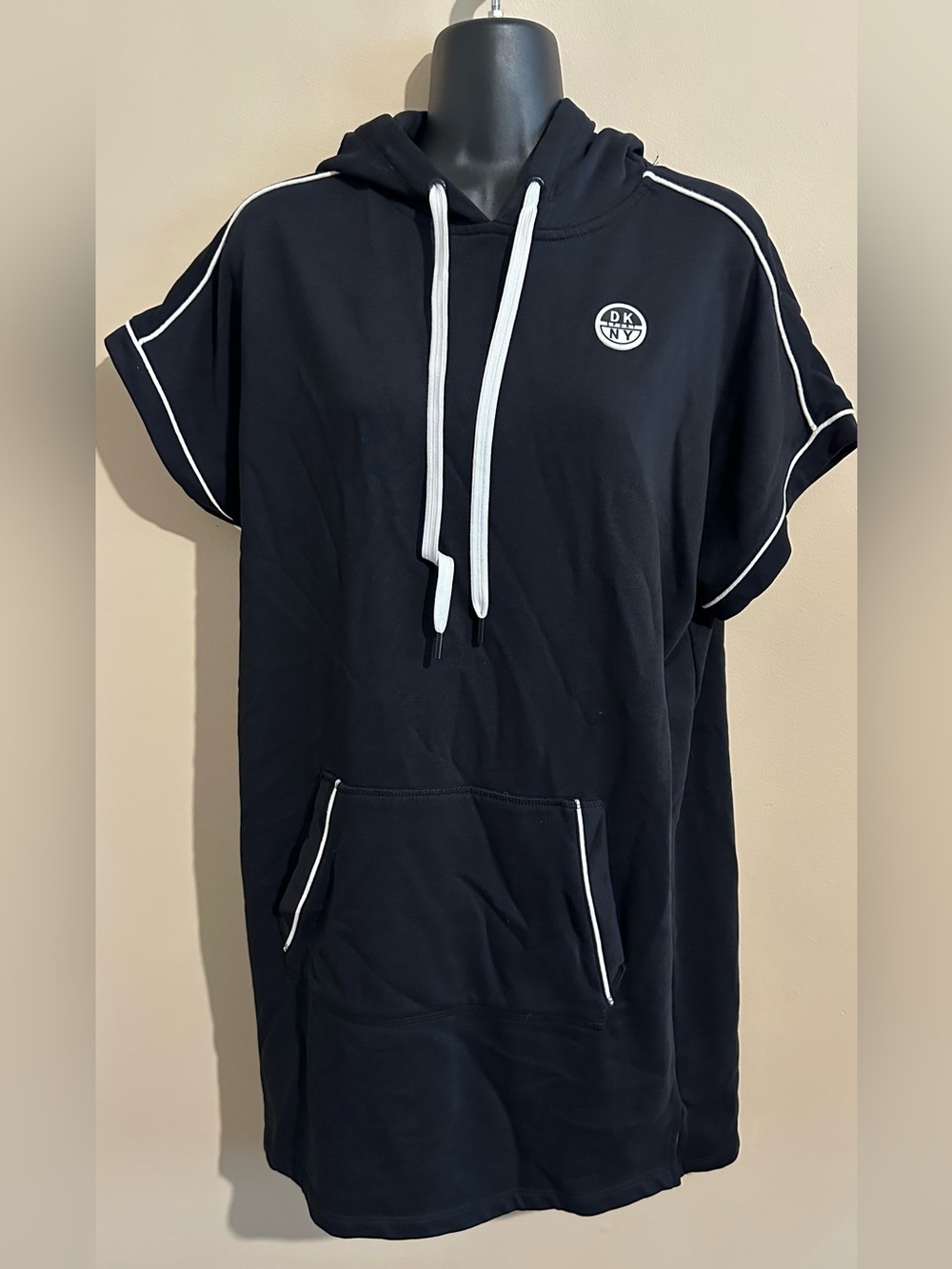 DKNY Black Short-Sleeve Hooded Sweatshirt Dress with White Trim